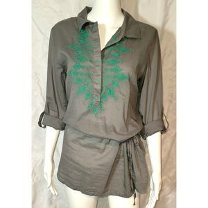 Prana Embroidered Drop Waist Drawstring 100% Cotton Roll Sleeve Tunic - Size M